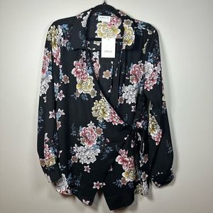 NWT Emelia Large Black Blue White‎ Pink Floral Long Sleeve Wrap Blouse Top